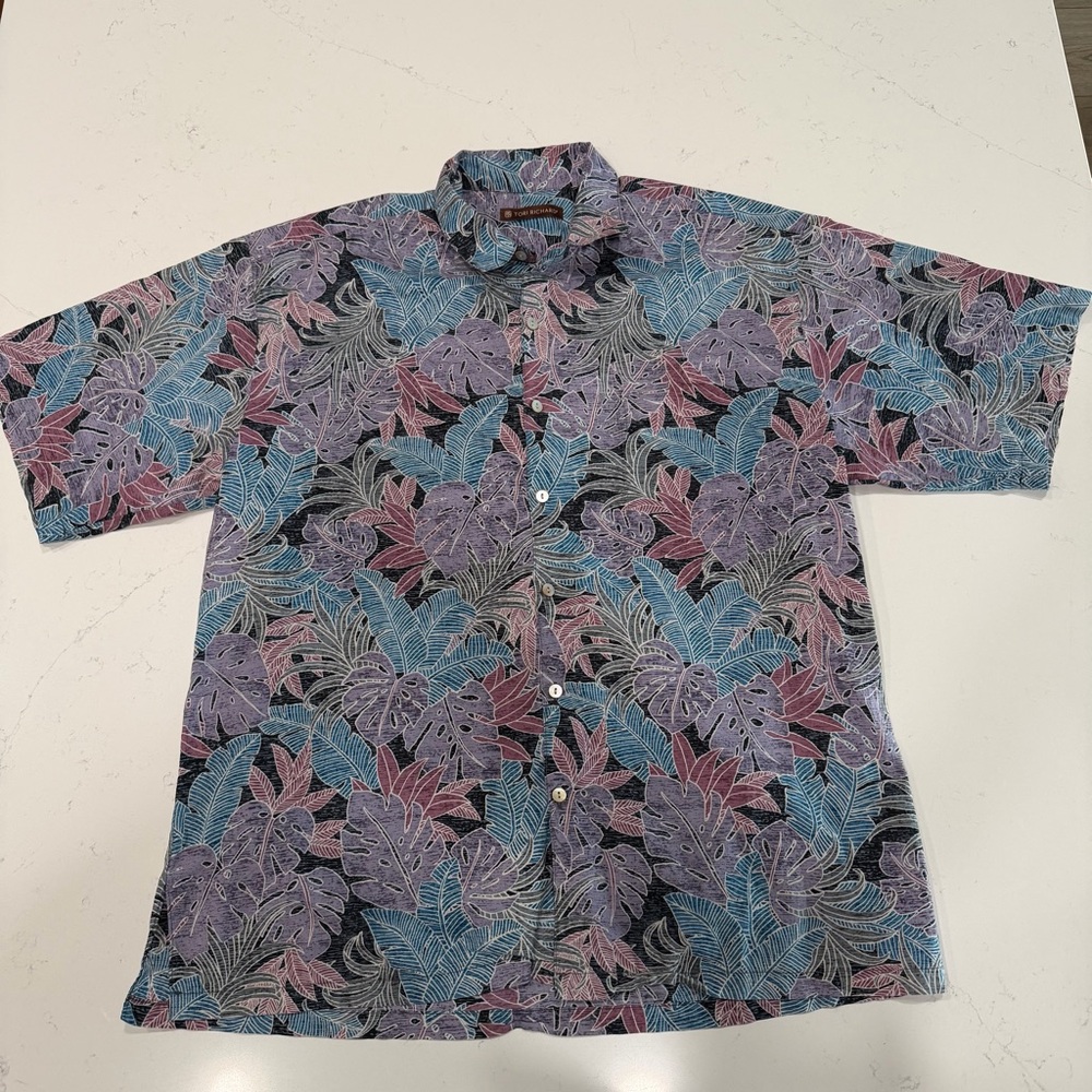 Tori Richard Blue and Pink Leaf Pattern Shirt Large